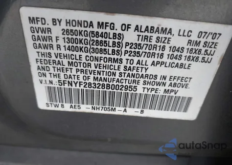 2008 Honda Pilot Se z USA, uszkodzony, nr VIN 5FNYF28328B002955